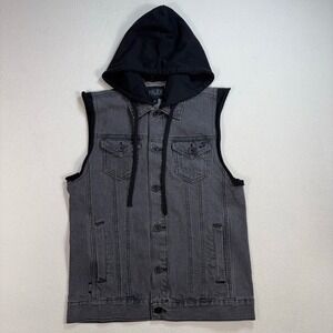 XXX RUDE Denim Vest‎ Men's XS Gray Removable Hood Fleece Cap Goth Grunge